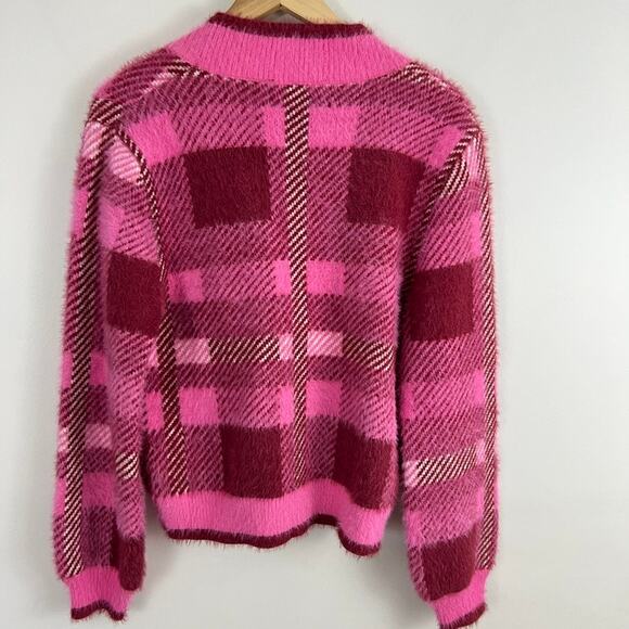English Factory Checkered Plaid Cardigan Sweater Pink Women Size Large NEW - Picture 2 of 11